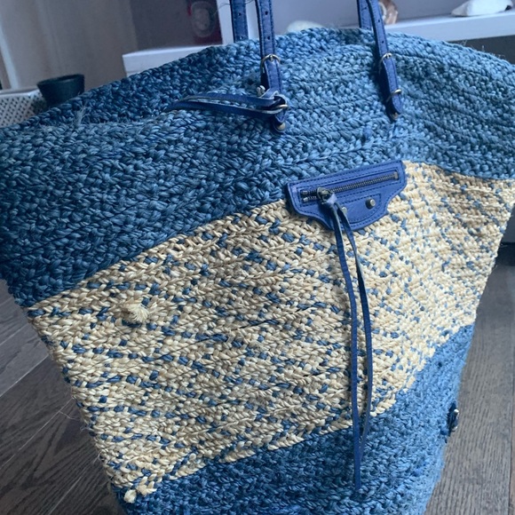 Balenciaga Blue Raffia & Leather Panier Basket Tote - Picture 2 of 13